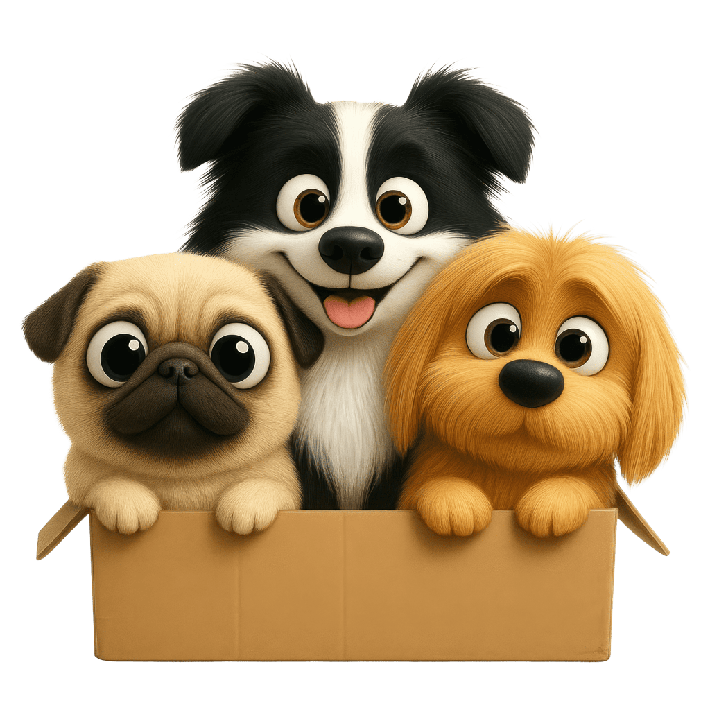 Tre adorabili cuccioli di cartoni animati che sbirciano da una scatola di cartone 2 min 1024x1024